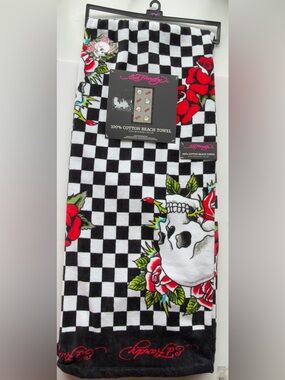 Ed Hardy Black, White & Pink Checkerboard Skull Beach Towel